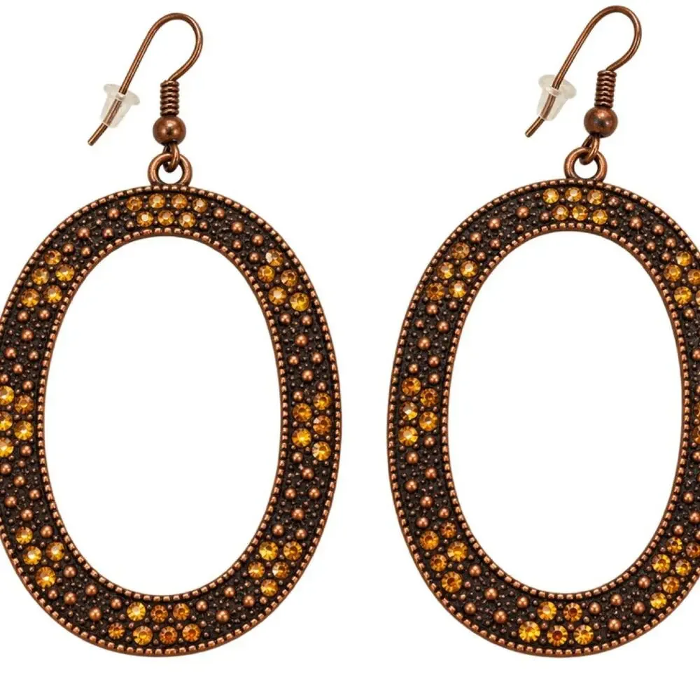 Vintage Antiqued Brass Tone Oval Dangle Earrings Golden Rhinestone Crystal Drops